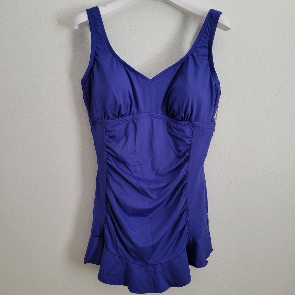 Kenneth Cole Reaction Purple Tummy Control Ruffle Swimdress One Piece 1X NWT